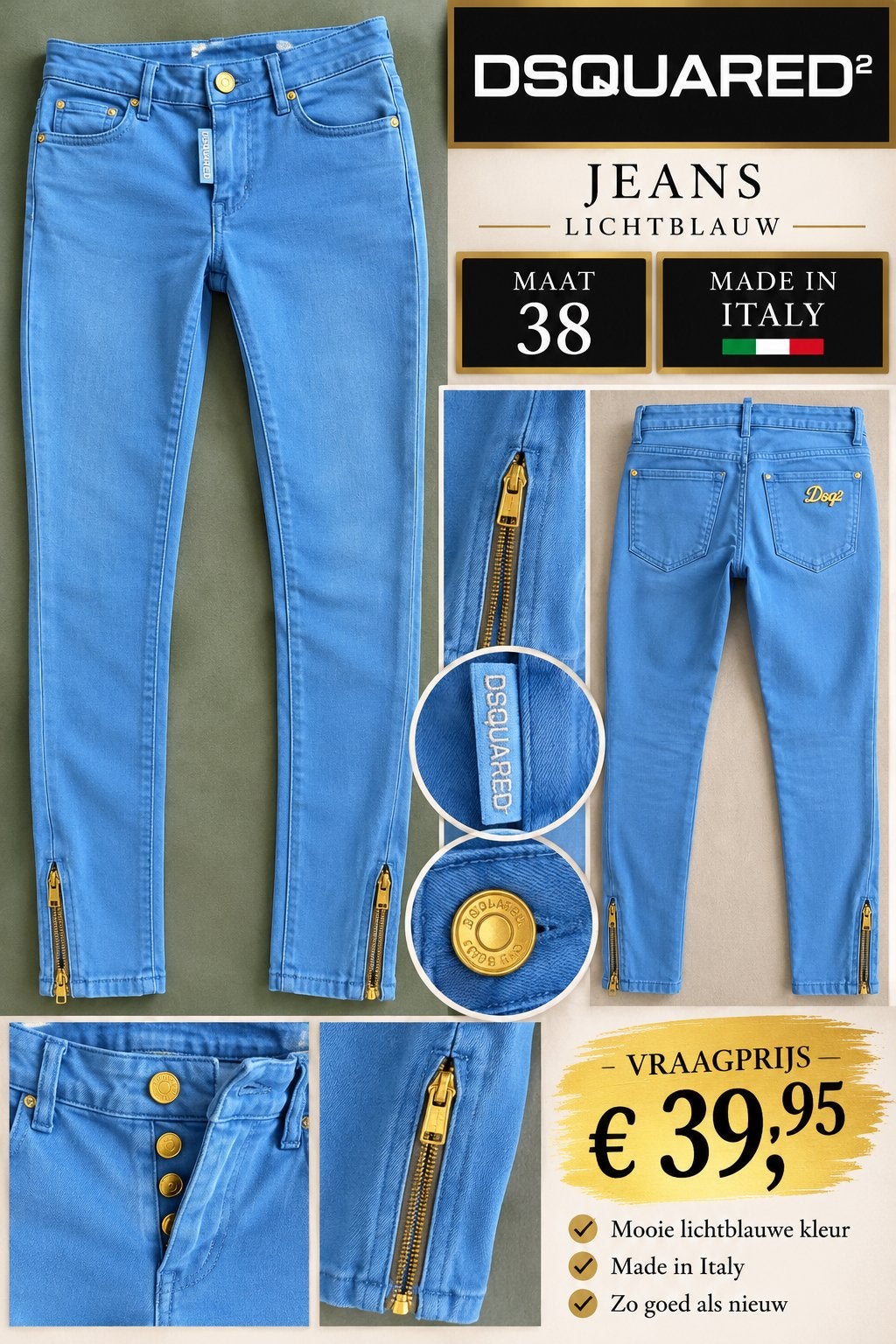 Dsquared2 Lichtblauwe Jeans met Ritsen - Maat 38, Kleding | Dames, Ophalen of Verzenden, Zo goed als nieuw, Blauw, W30 - W32 (confectie 38/40)