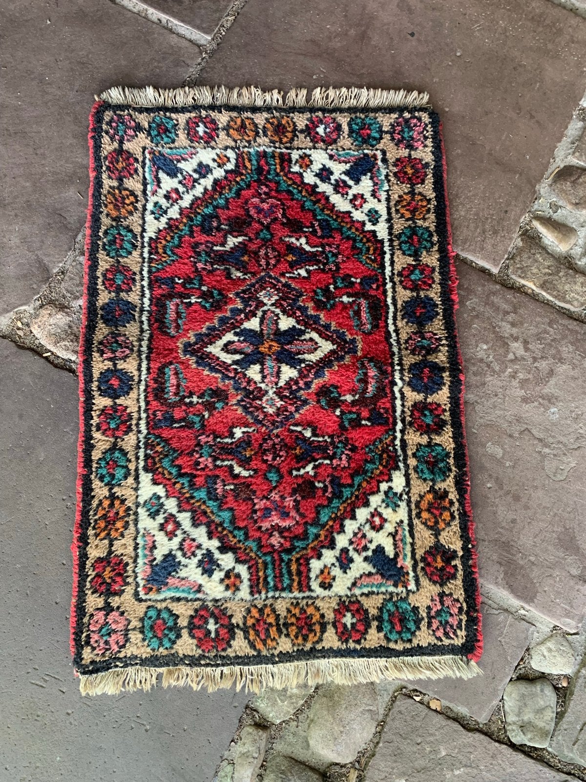 Prachtig Vintage Handgeknoopt Mini Tapijt (85x55 cm)100% Wol, Huis en Inrichting, Minder dan 50 cm, Gebruikt, Ophalen of Verzenden