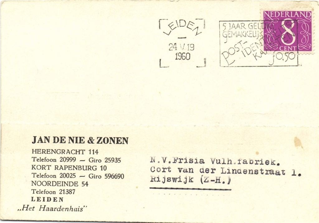 Jan de Nie + Zonen, Het Haardenhuis, Leiden - 05.1960 - brie, Ophalen of Verzenden, Briefkaart