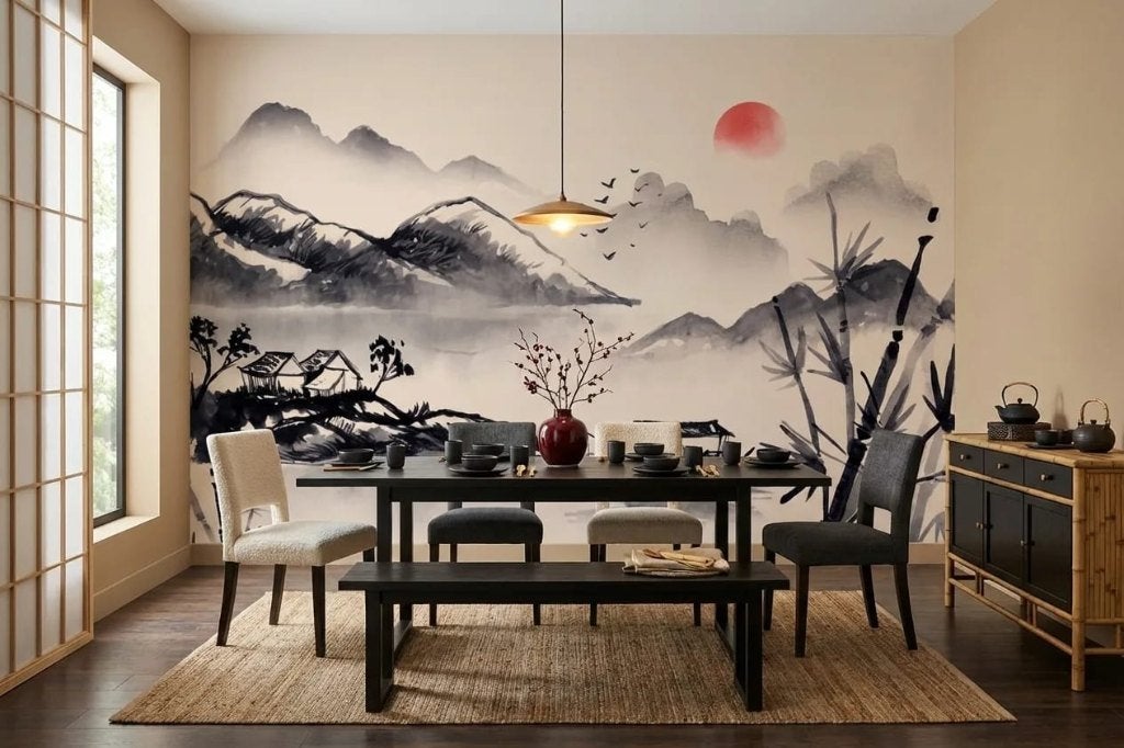 Landschap behang – Japanse bergen met rode zon, Zwart, Natuurlijk, Overige merken, Ophalen of Verzenden