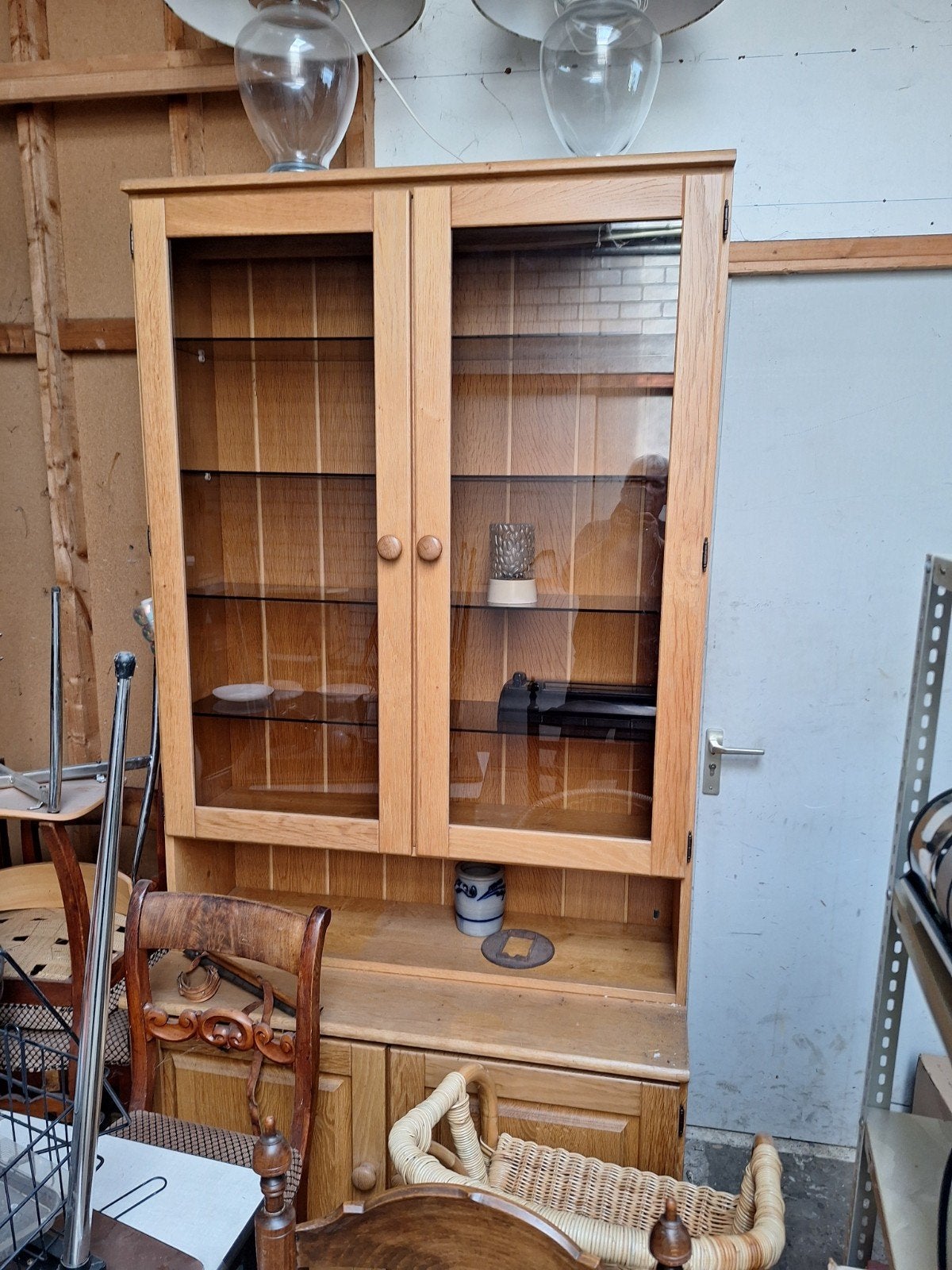 Eiken vitrine kast  glazen rimmen, Ophalen, 25 tot 50 cm, 150 tot 200 cm