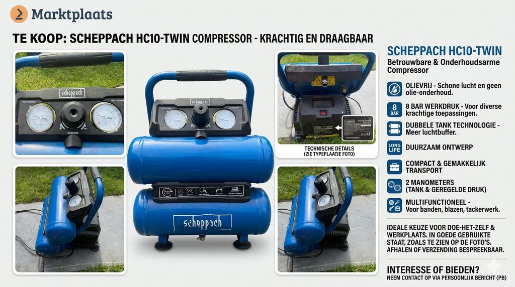 Scheppach HC10-Twin Compressor - 8 Bar - Olievrij, Doe-het-zelf en Verbouw, Compressors, Ophalen, Gebruikt, 6 tot 10 bar, Minder dan 200 liter/min