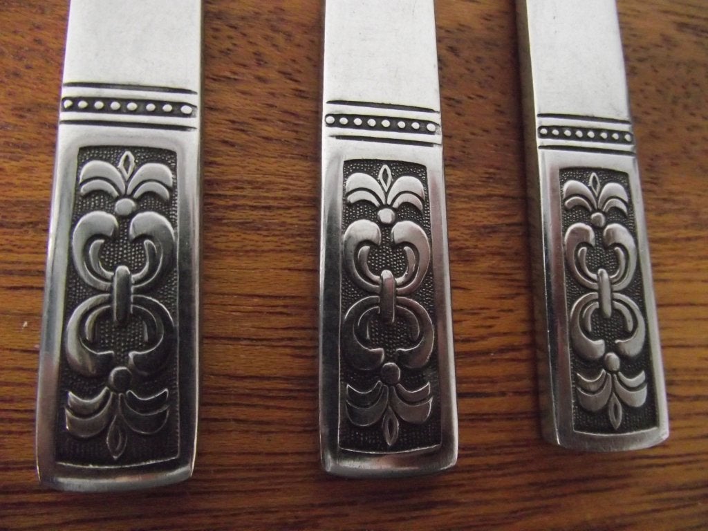 7 vintage gezwart RVS Fleur de lis bestek Cortina Japan p st, Ophalen of Verzenden