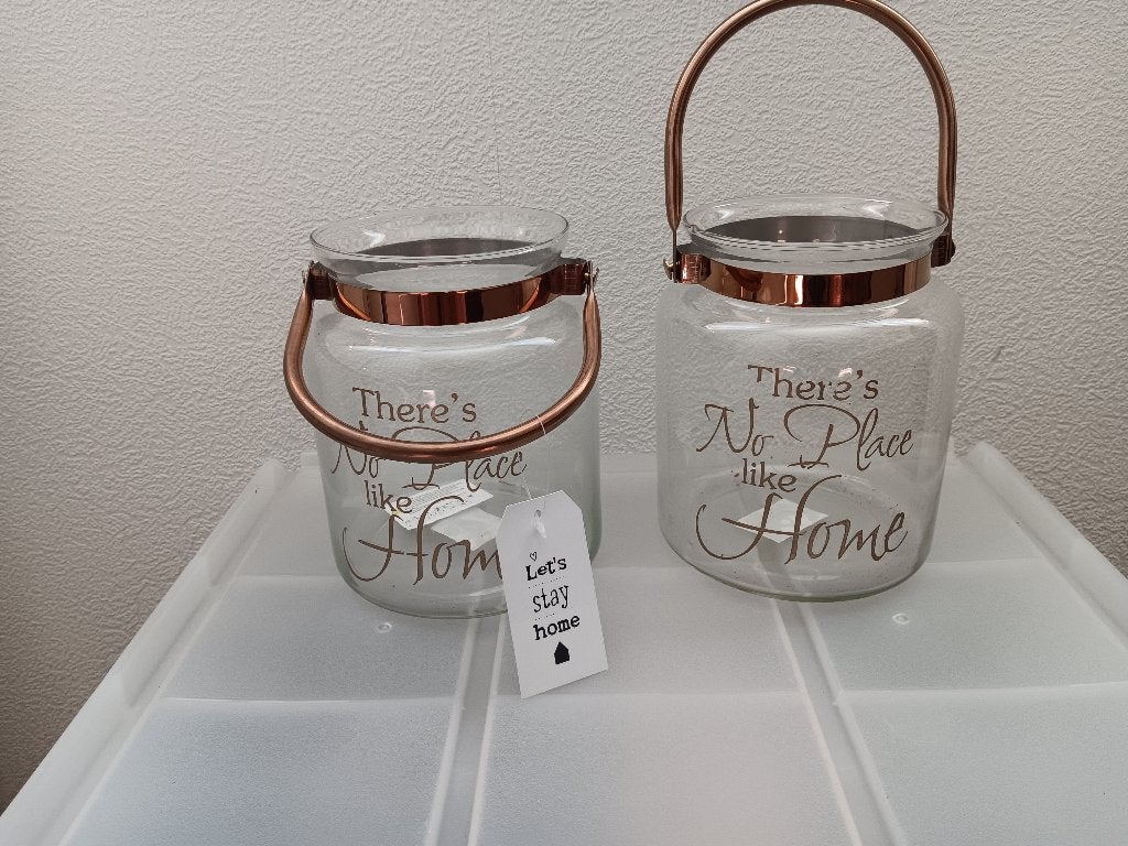 mooie nieuwe glazen vaas/windlicht met tekst 2st voor € 7.50, Ophalen, Nieuw, Glas, Windlicht