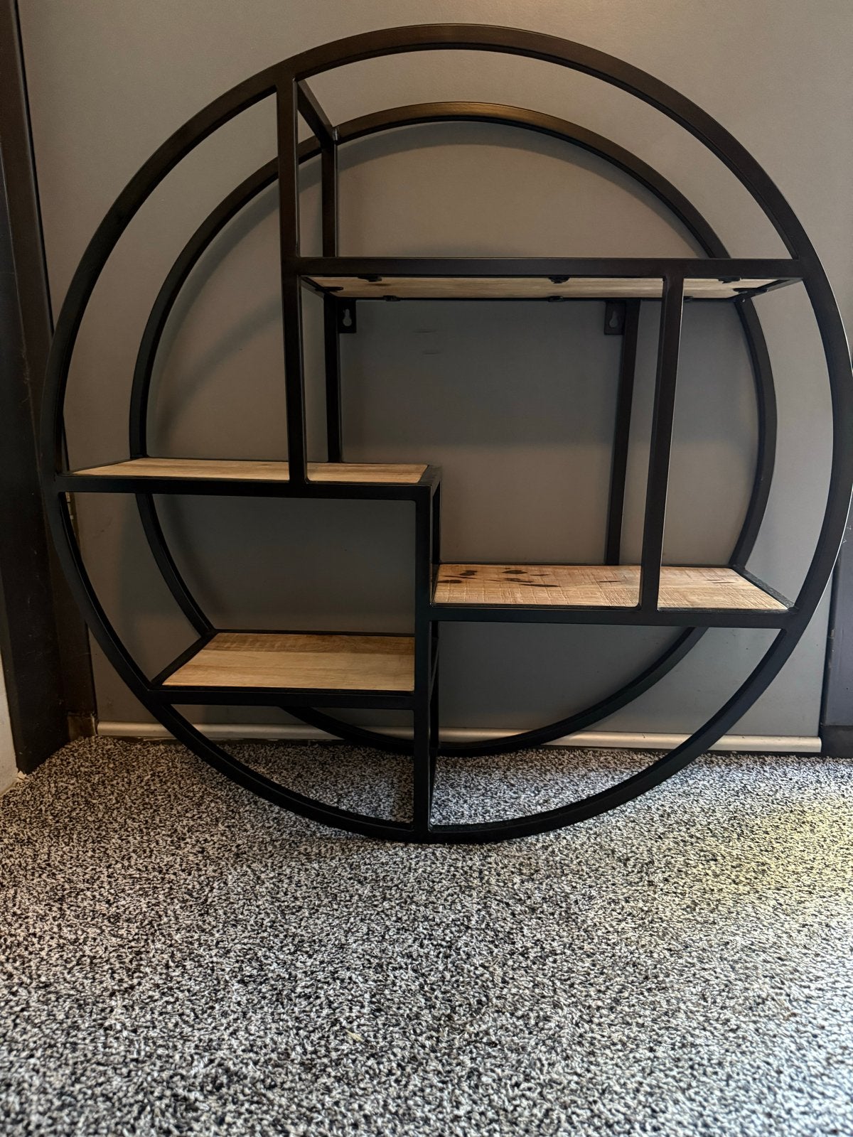 Industrieel Wandrek Rond Zwart Metaal Mangohout Ø 75 cm, Ophalen, Nieuw