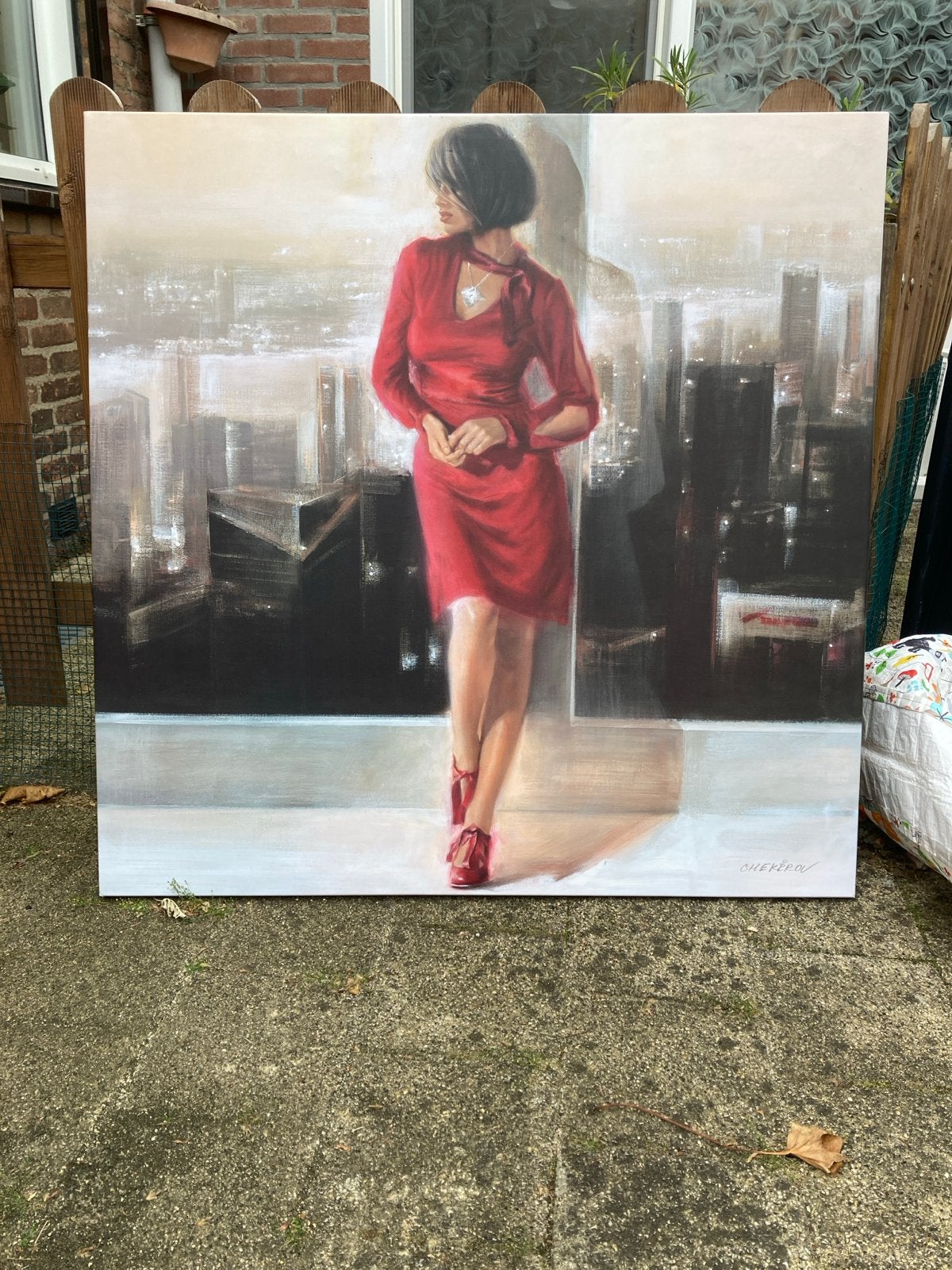 Modern Schilderij: Vrouw in Rode Jurk met Stadsgezicht, Ophalen