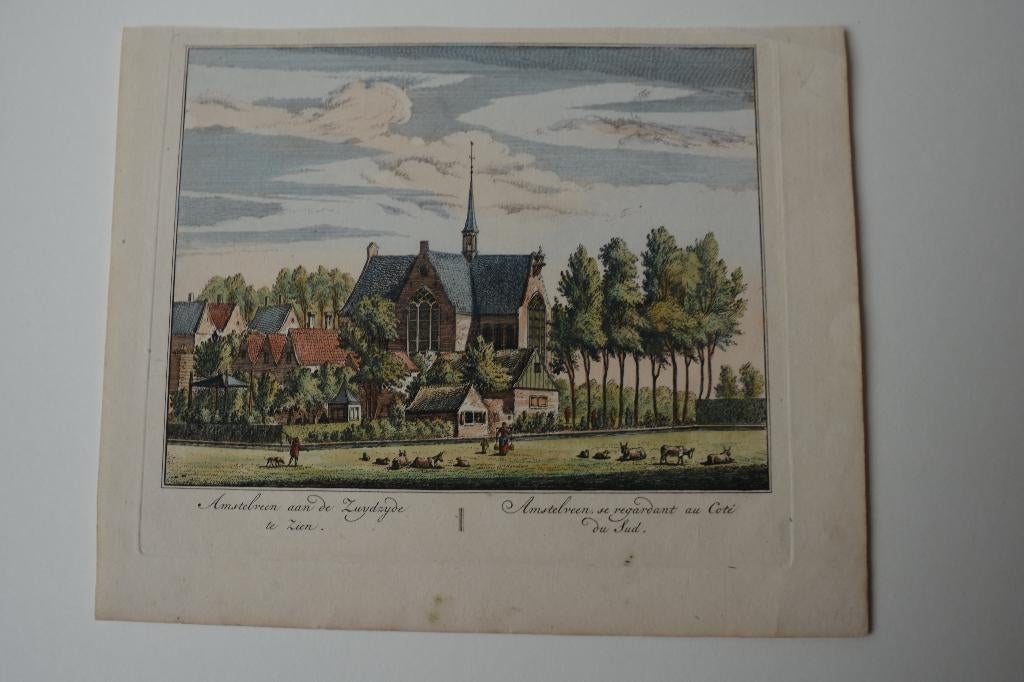 AMSTELVEEN ZUIDZIJDE GRAVURE handgekleurd 1737 Rademaker E17, Verzenden, Stadsgezicht, Handgekleurd, Gravure