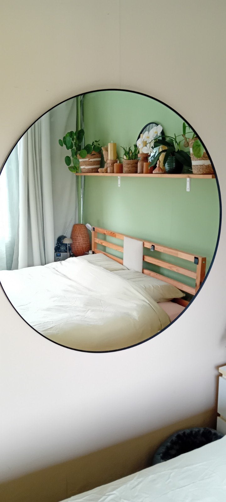 Grote ronde spiegel met zwarte rand 110 cm, Huis en Inrichting, Ophalen, Zo goed als nieuw, Rond, 100 tot 125 cm