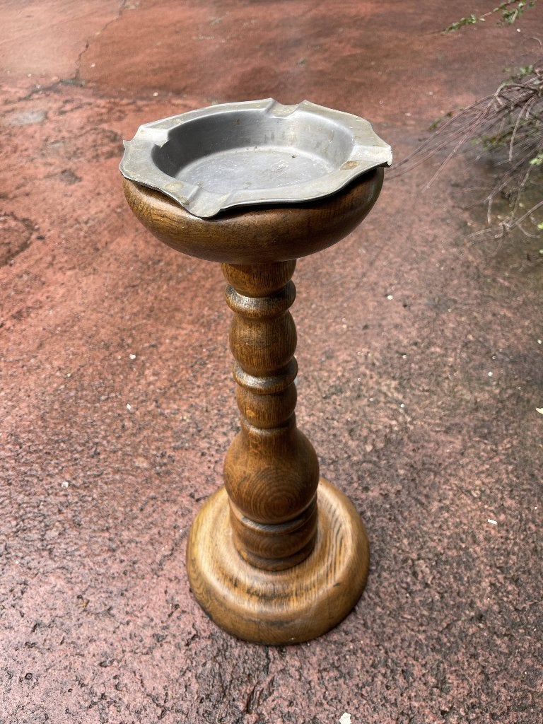 Vintage houten asbak op voet met tinnen inleg, Ophalen of Verzenden, Gebruikt, Asbak