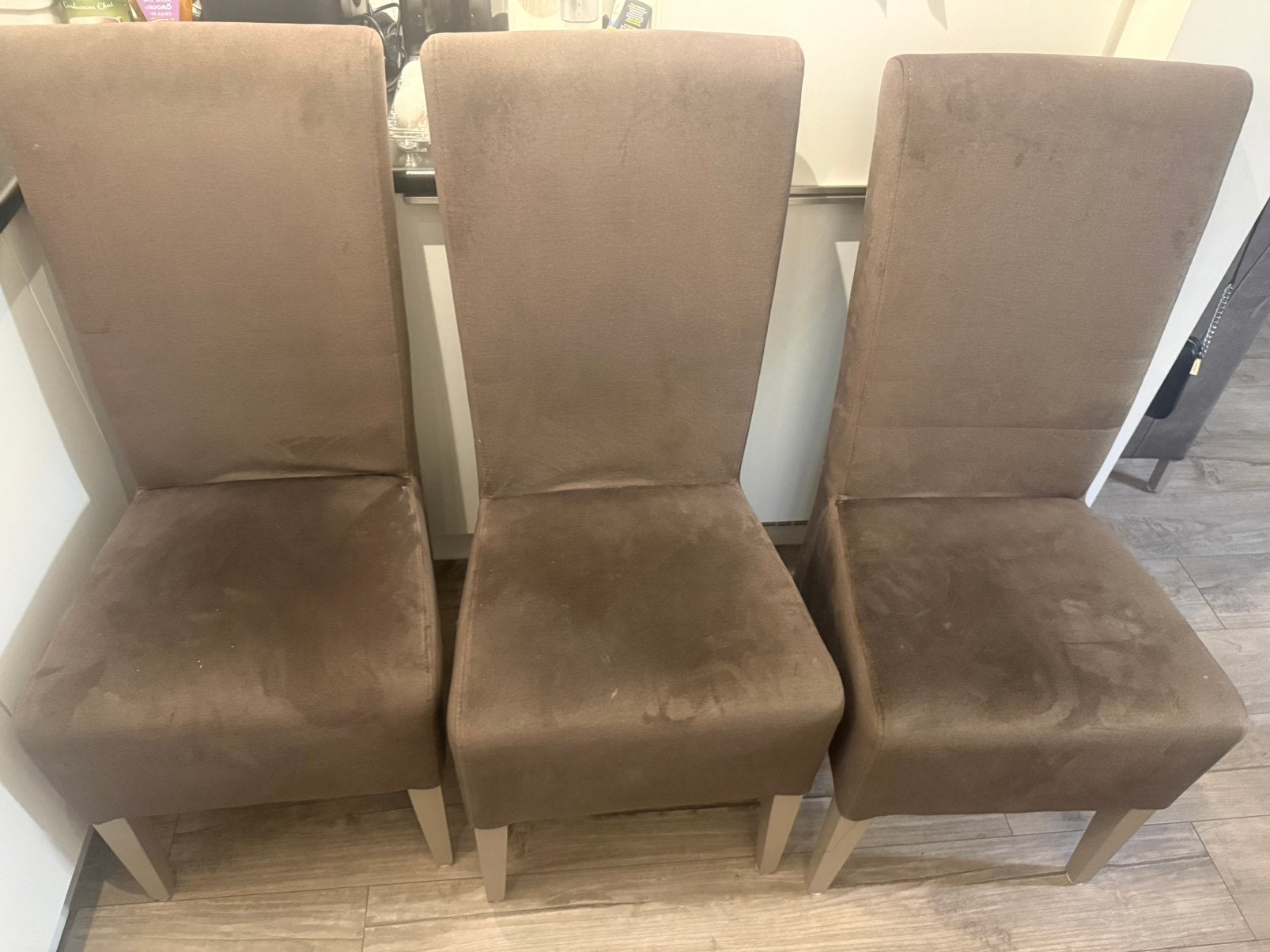 6x hoge eettafel stoelen suede, Ophalen, Zo goed als nieuw, Bruin, Vijf, Zes of meer stoelen