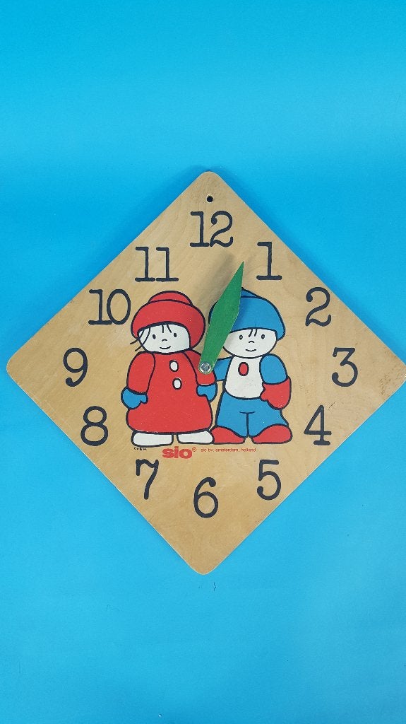 eeVintage houten klok, leren klok kijken, Sio Holland. K13