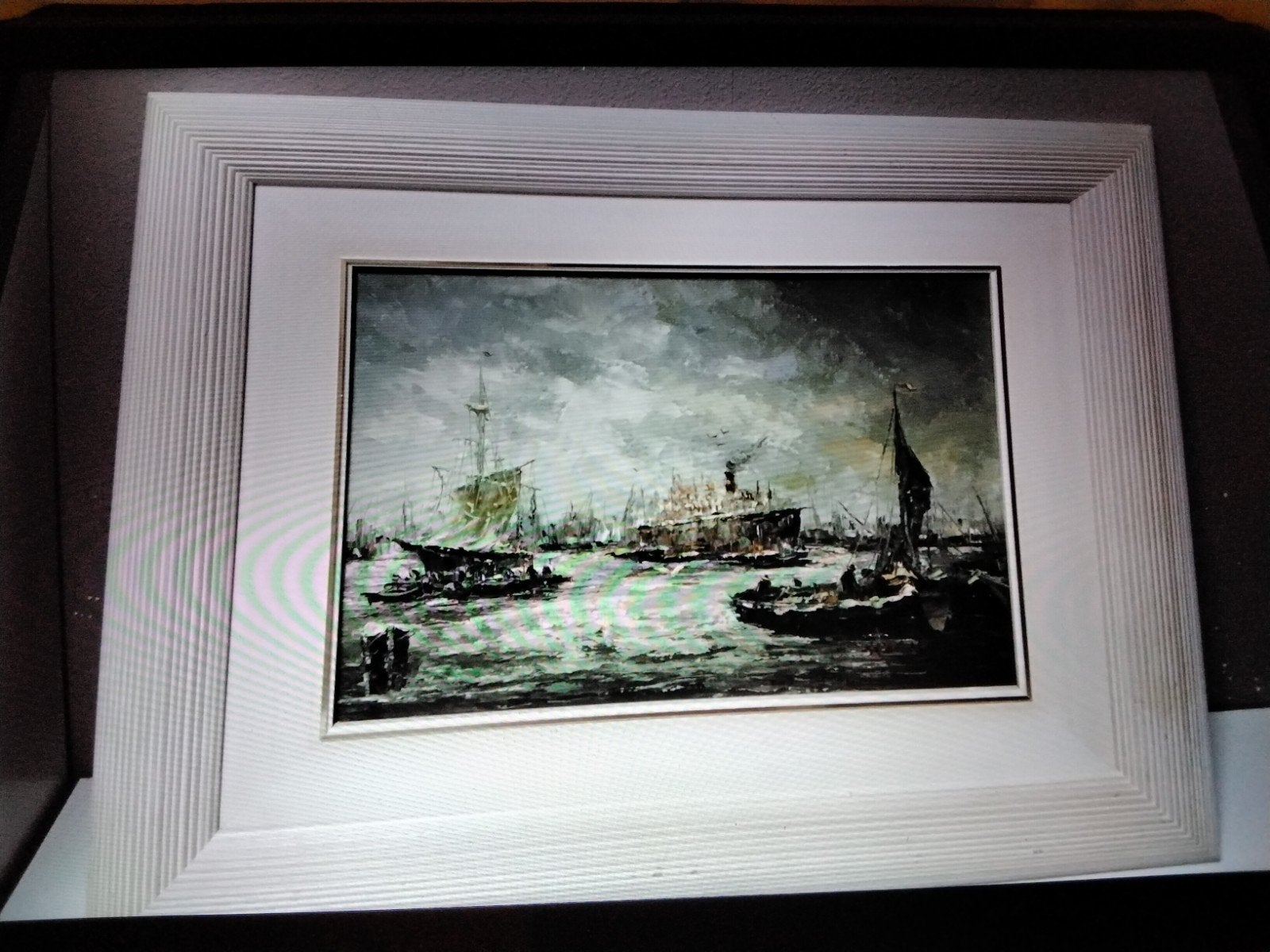 Maritiem schilderij met schepen in haven Gesigneerd, Ophalen
