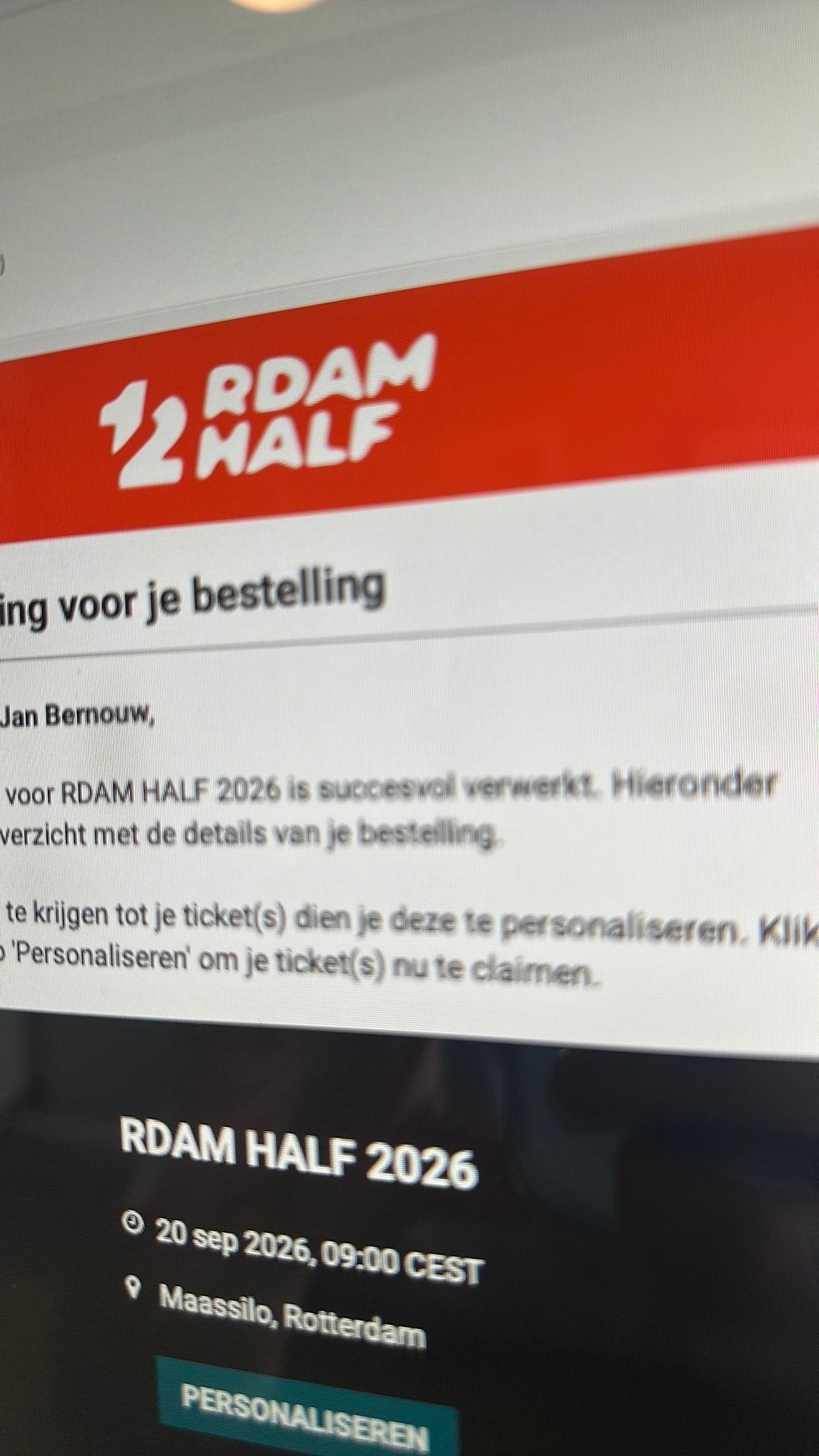 Ticket Rotterdam half / startbewijs halve marathon 22-9, Ophalen of Verzenden, Zo goed als nieuw, Overige typen, Overige merken