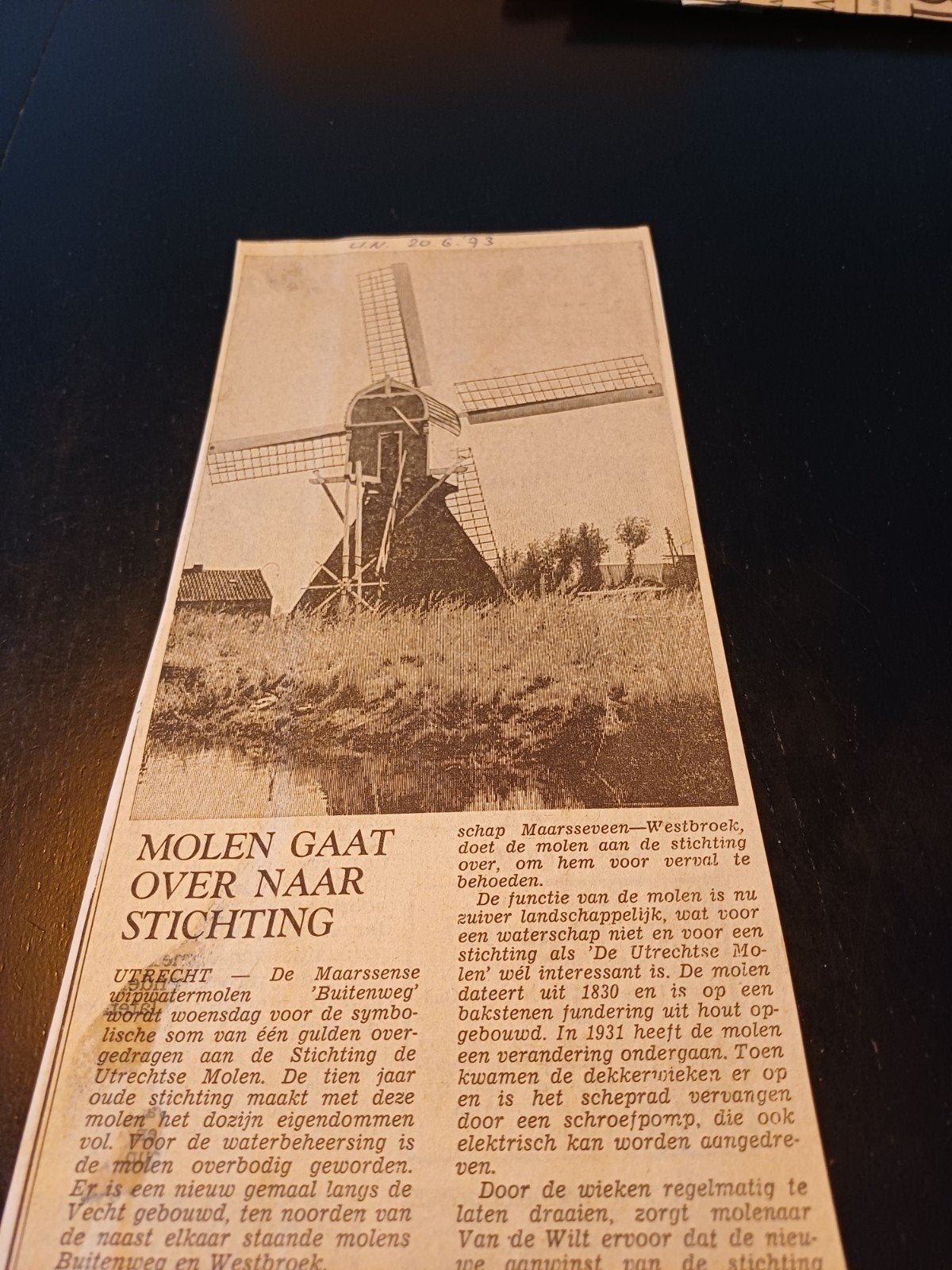 kranten knipsel Maarssen wipwatermolen Buitenweg 1973, Ophalen of Verzenden, 1960 tot 1980, Knipsel(s)