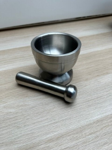 RVS Vijzel met Stamper – Roestvrij Staal – Nette Staat, Overige typen, Zilver, Ophalen of Verzenden, Zo goed als nieuw