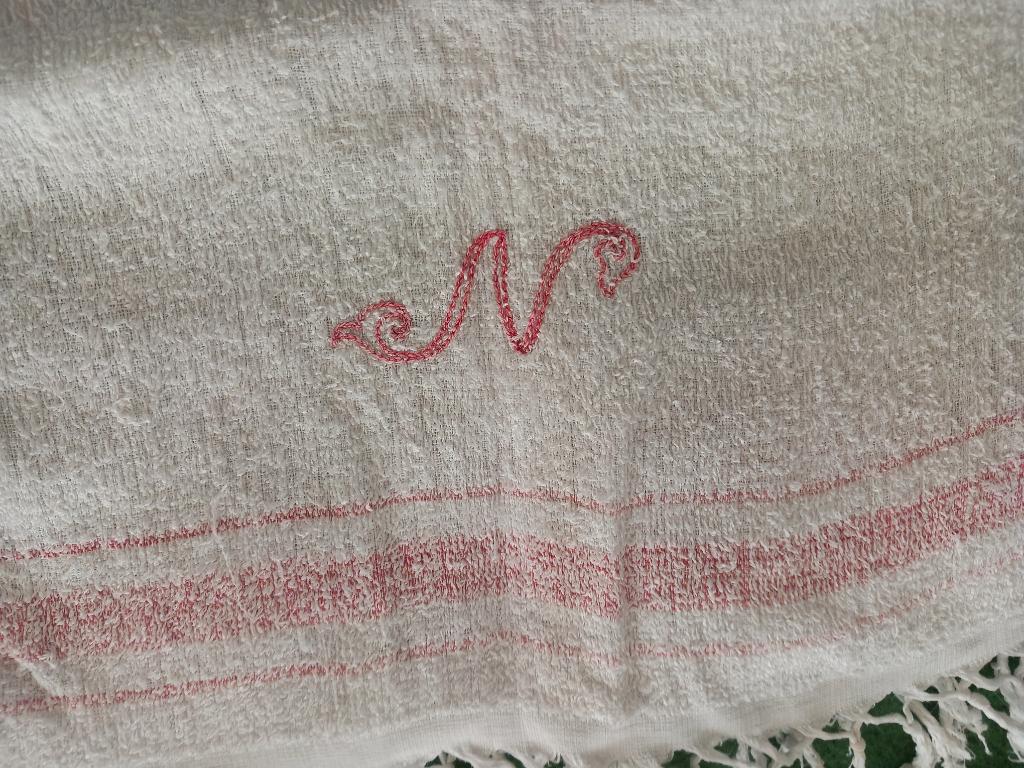 oude, brocante handdoek, wit, pastel met monogram, Frankrijk, Ophalen of Verzenden
