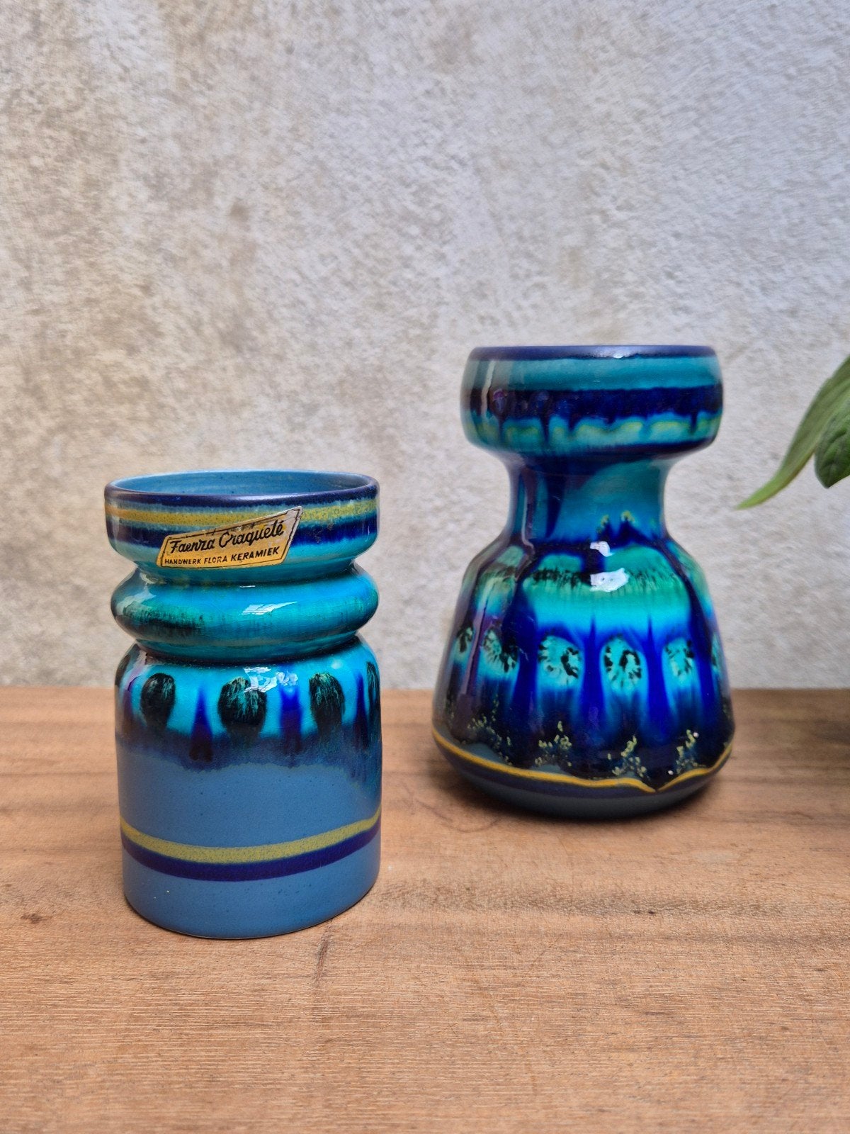 Vintage Faenza Craquelé Flora Keramiek Vaasje - Blauw/Groen, Ophalen of Verzenden