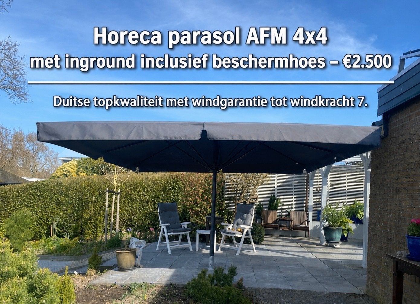 Horeca parasol AFM 4x4 met inground en beschermhoes, Tuin en Terras, Parasols, Gebruikt, Ophalen of Verzenden, Zweefparasol, Waterdicht