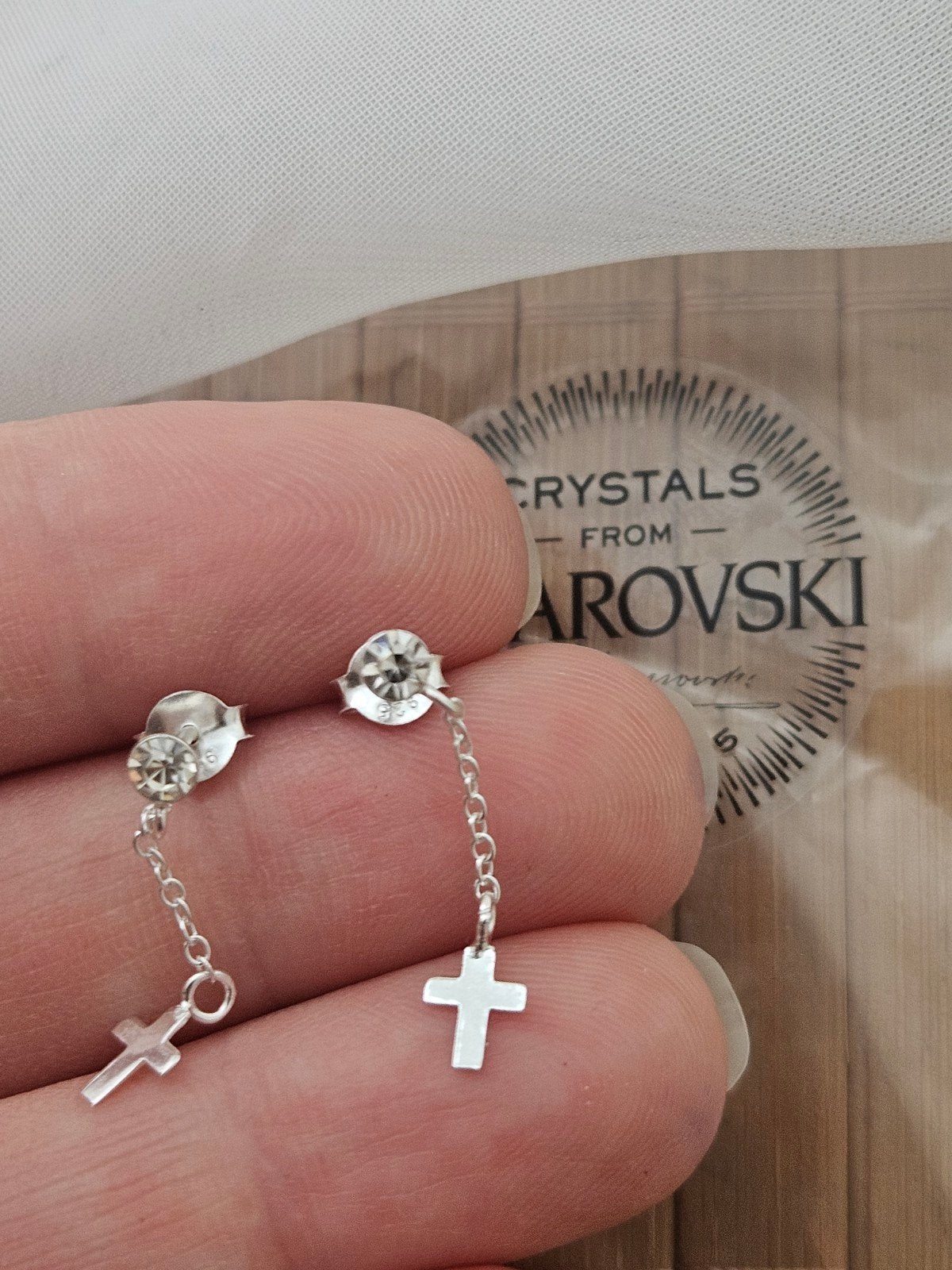 Echt zilveren kruis oorbellen met Swarovski kristal, Met kristal, Hangers, Nieuw, Ophalen of Verzenden