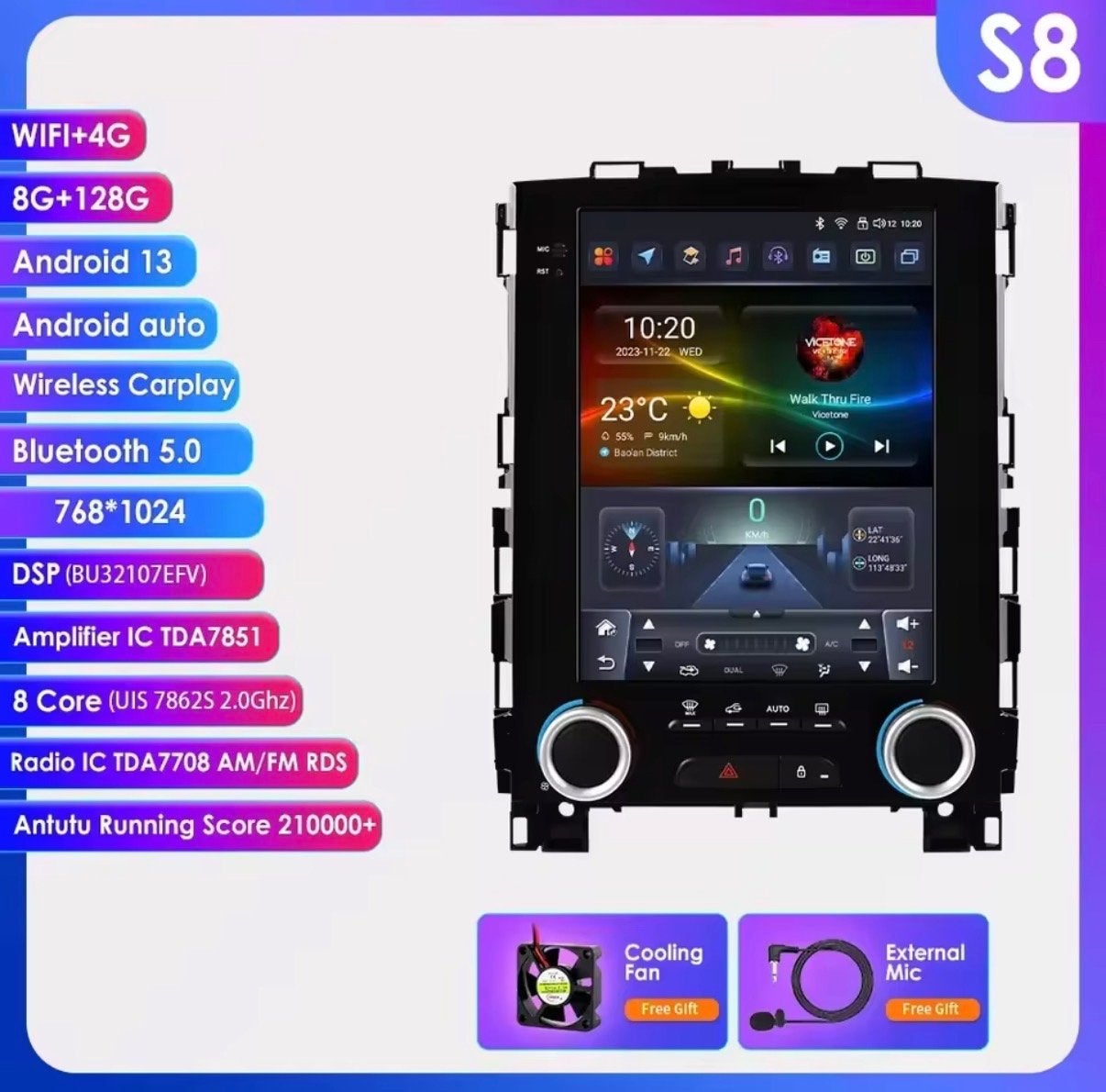 S8 Android Autoradio 8GB RAM 128GB ROM CarPlay, Auto diversen, Ophalen of Verzenden, Nieuw