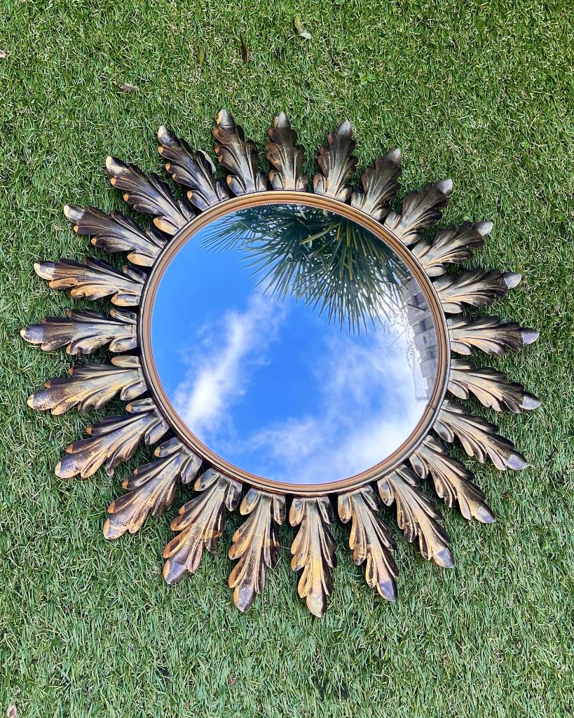 Vintage DeKnudt sunburst heksenoog zonnespiegel mid century, Huis en Inrichting, Woonaccessoires | Spiegels, Ophalen, Rond, Zo goed als nieuw