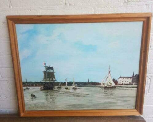 Schilderij oud galjoen havengezicht R. Kras, Ophalen