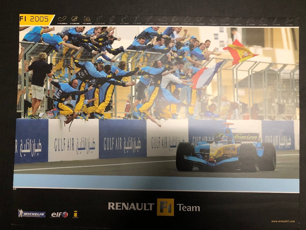 P.005 Poster Renault F.Alonso F1 Win Bahrein 2005, Rechthoekig Liggend, Ophalen of Verzenden, Zo goed als nieuw, Sport
