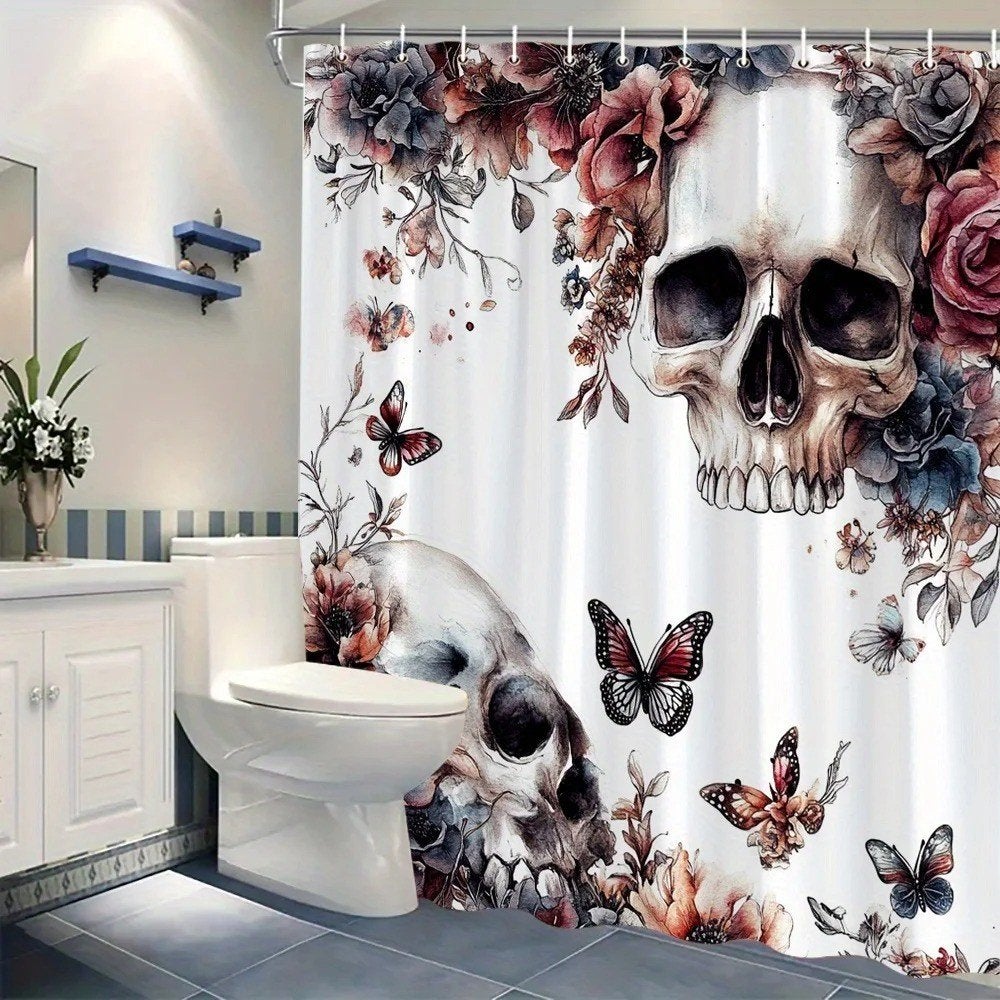 Douchegordijn Gothic schedels en vlinders (180x200cm), Ophalen of Verzenden, Nieuw, Overige typen