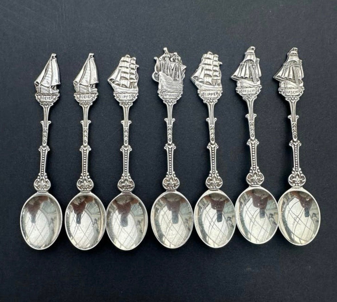 Set van 7  verzilverde theelepels met schepen afbeelding, Ophalen of Verzenden, Gebruikt, Zilver