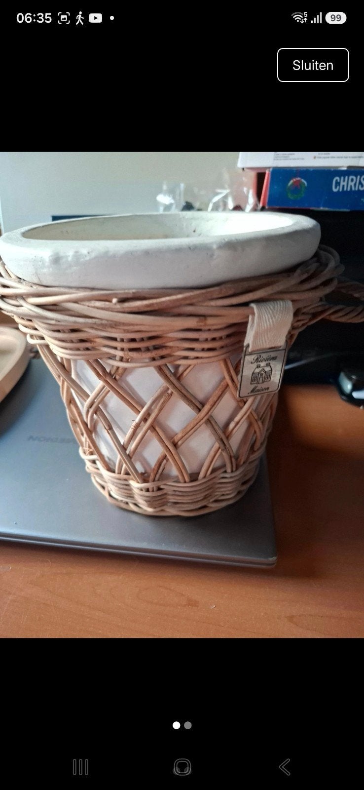 Riviera Maison Bloempot met rieten mand, Rond, Binnen, Ophalen of Verzenden, Zo goed als nieuw