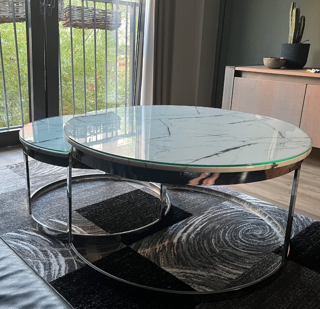 Luxe marmeren salontafel (2-delig) – Echt marmeren blad, Ophalen, 50 tot 100 cm, Overige materialen, Rond