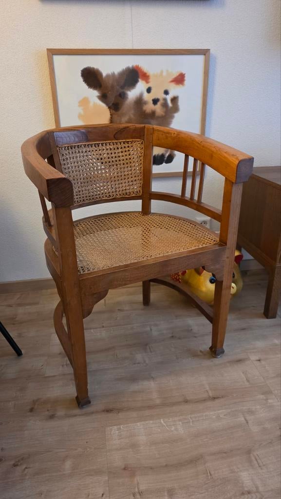 Vintage houten stoel met rotan details - Japandi stijl, Antiek en Kunst, Ophalen