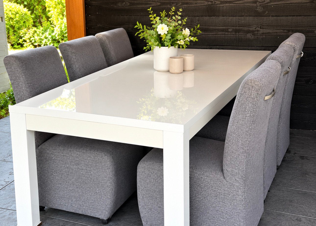 Complete eethoek eettafel met 6 grijze eetkamerstoelen, Ophalen, Gebruikt, 4 tot 6 stoelen