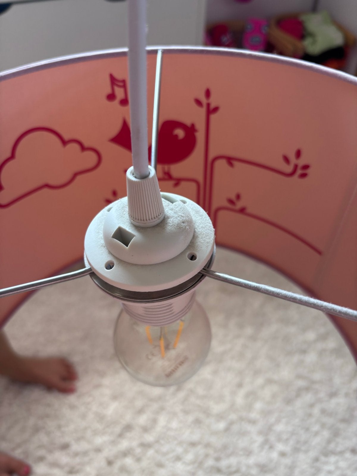 Leuke roze kinderlamp met vogel en wolkjes, Ophalen of Verzenden, Gebruikt, Textiel, E27 (groot)