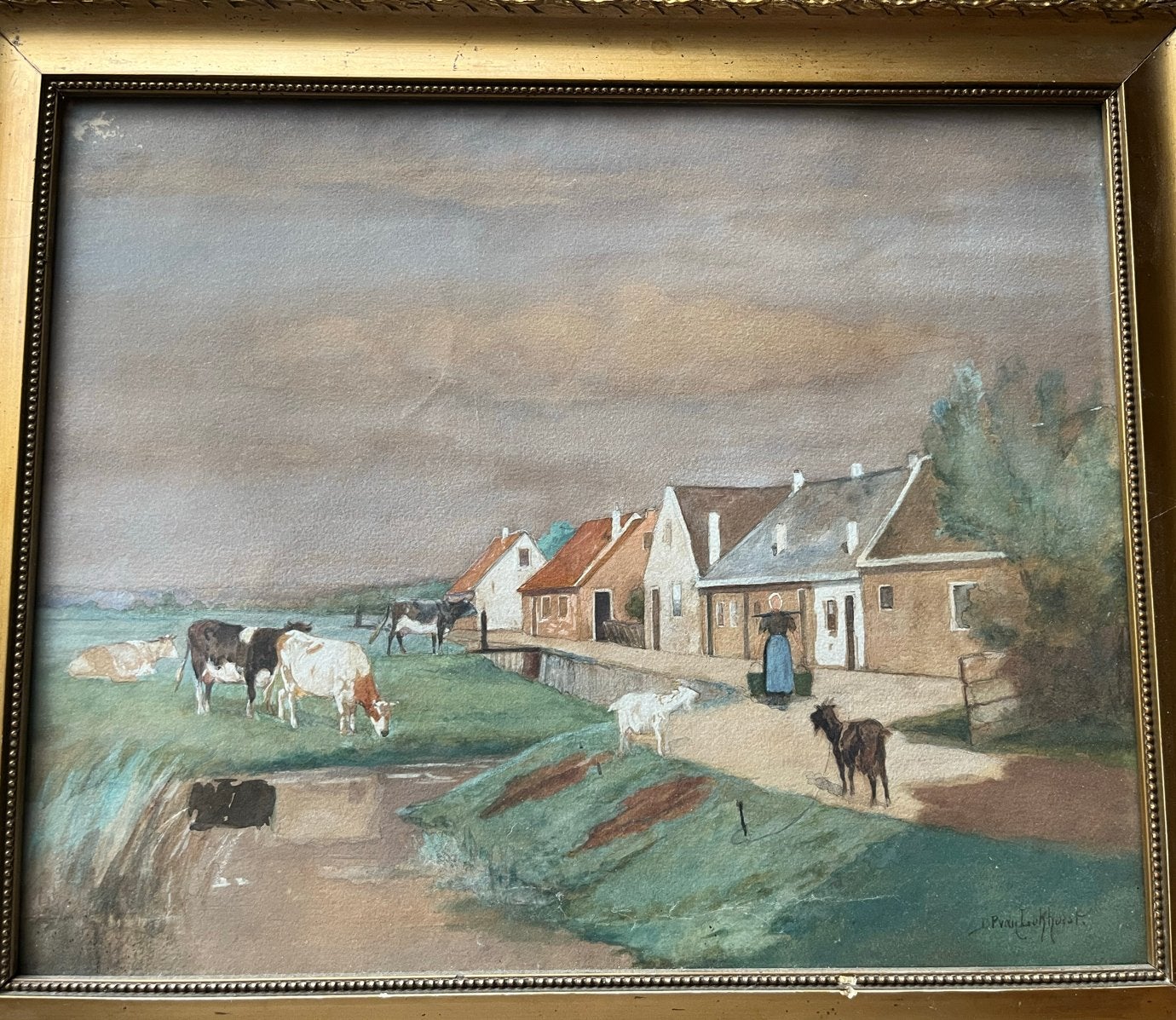 Schilderij D.P. van Lokhorst - Hollands Landschap met Koeien, Ophalen, Nederlandse school, Doek, Gesigneerd