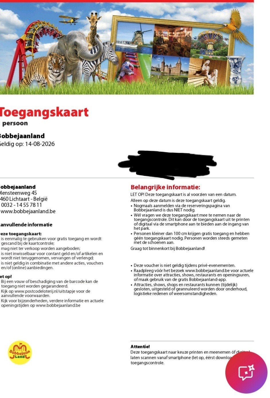 4 kaartjes voor Bobbejaanland op 14 augustus, Drie personen of meer, Ticket of Toegangskaart