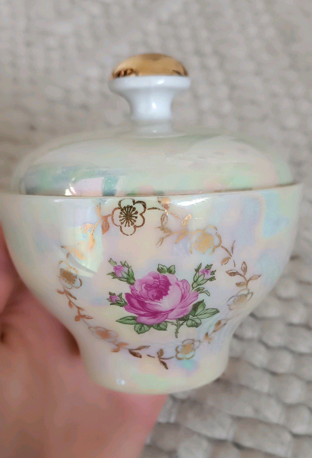 Vintage Kahla Suikerpot met Deksel – Parelmoer & Goud – GDR, Antiek en Kunst, Ophalen of Verzenden