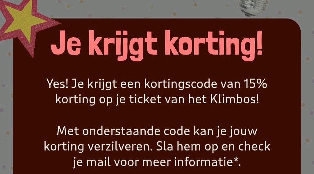 Klimbos kortingscode, Tickets en Kaartjes, Kortingen en Cadeaubonnen, Eén persoon, Kortingsbon