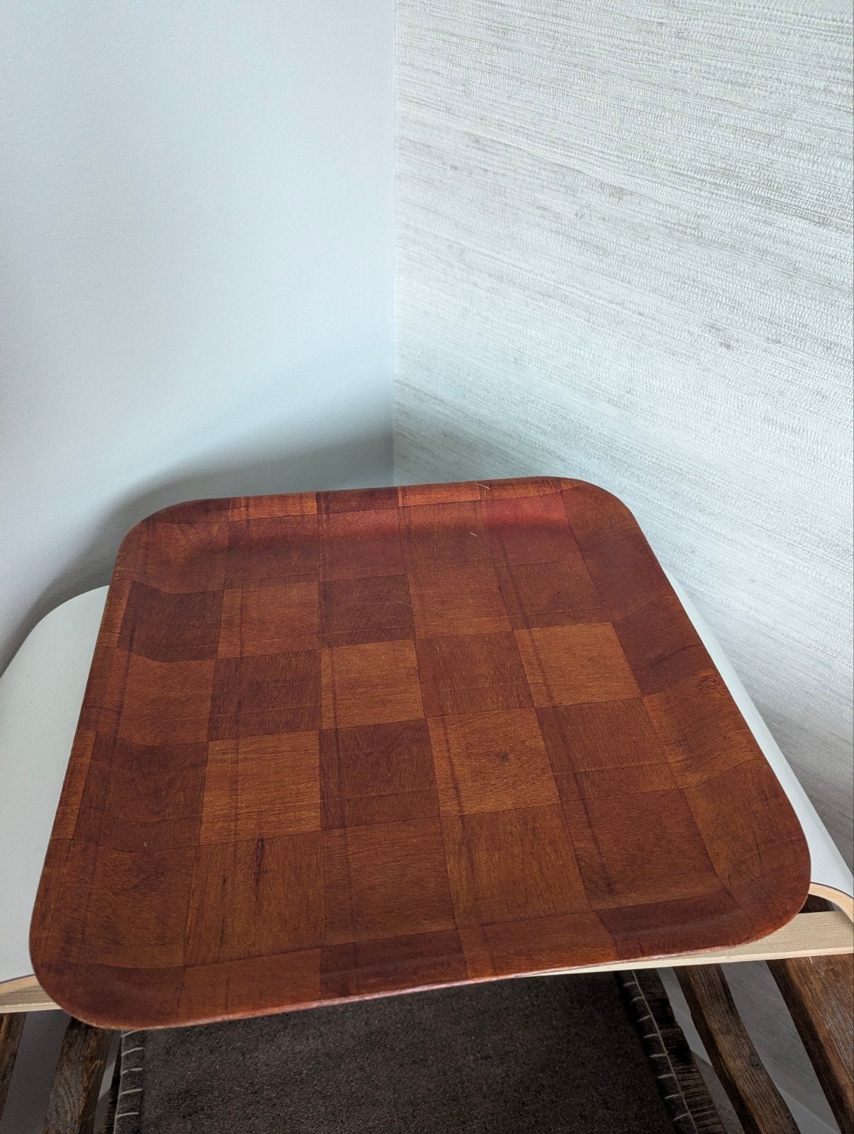 Vintage houten dienblad dambord patroon - 32,5  cm - Mid, Ophalen of Verzenden