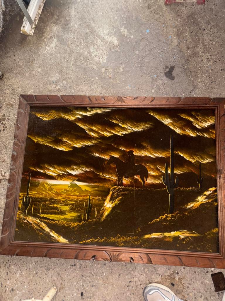 Vintage fluwelen schilderij: Cowboy in woestijnzonsondergang, Antiek en Kunst, Kunst | Schilderijen | Klassiek, Ophalen