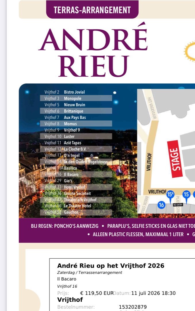 1 TicketAndré Rieu Vrijthof Terrasarrangement Il Bacaro, Eén persoon, Juli