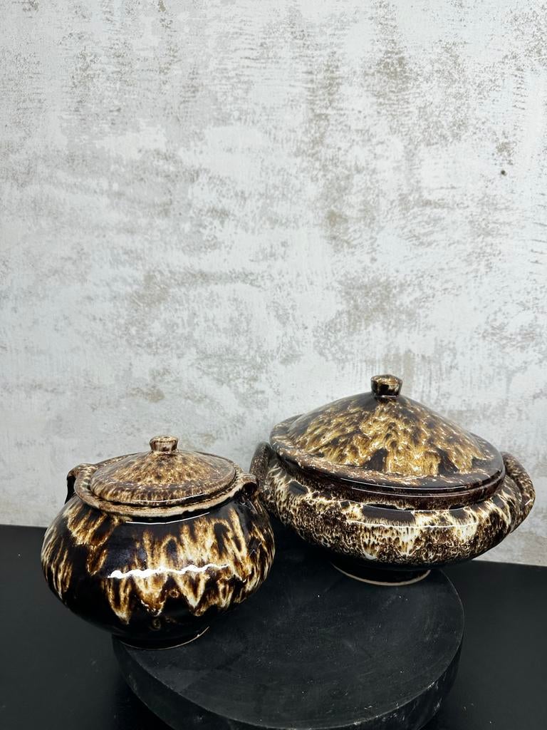 Vintage aardewerk potten met deksel, bruin gespikkeld, Antiek en Kunst, Antiek | Keramiek en Aardewerk, Ophalen of Verzenden