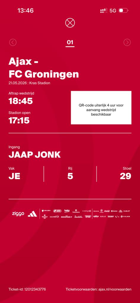 2x NAAST ELKAAR Ajax - Groningen | Playoffs |, Tickets en Kaartjes, Eén persoon, Oktober