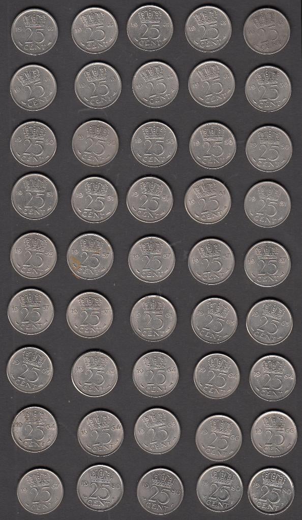 Nederland 25 cent (45 stuks) 1948-1980 oa. 9x 1948, 6x 1950, Ophalen of Verzenden, Koningin Juliana, 25 cent, Setje