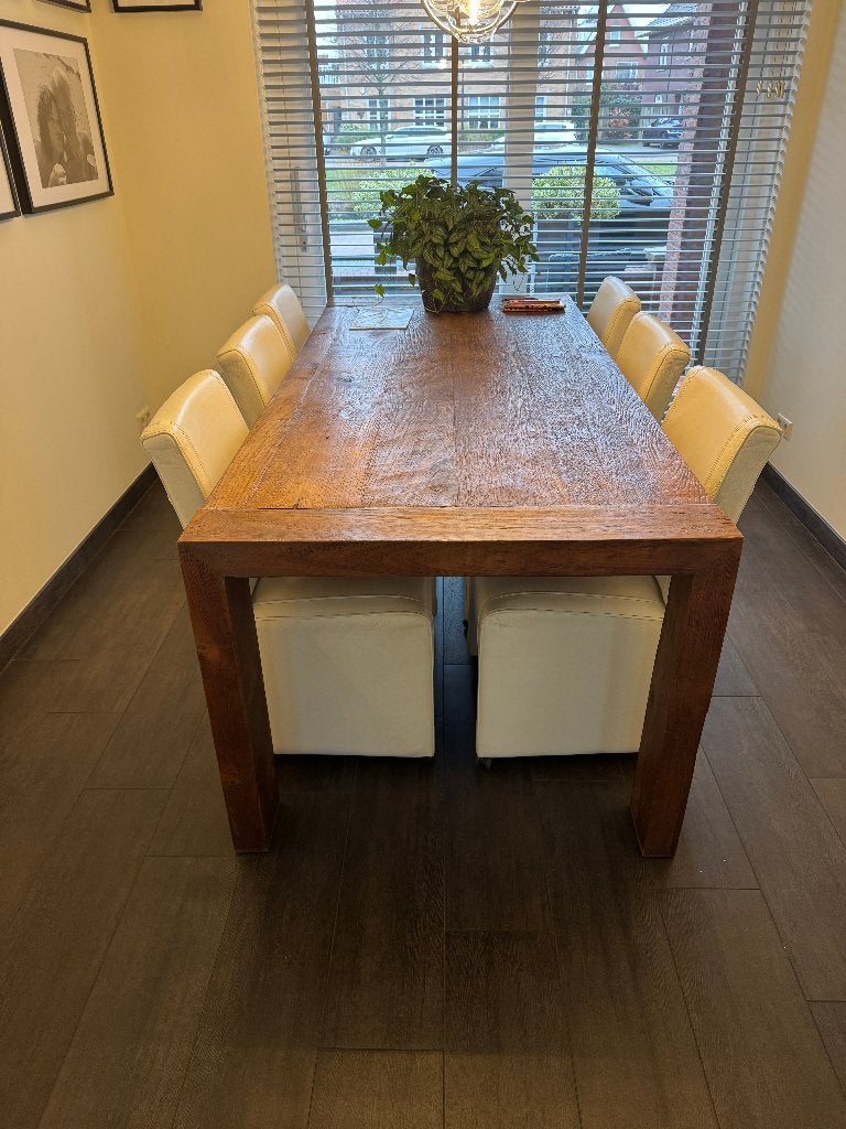 Eettafel landelijk robuust ruw teak hout 225 cm x 100 cm, Huis en Inrichting, Ophalen, Gebruikt, 100 tot 150 cm, 200 cm of meer