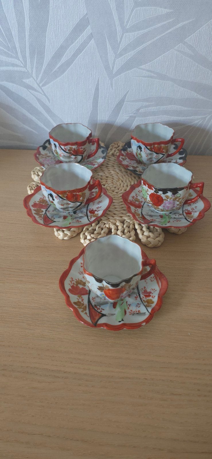 Set van 5 Japanse theekopjes met schotels, handgeschilderd, Ophalen of Verzenden