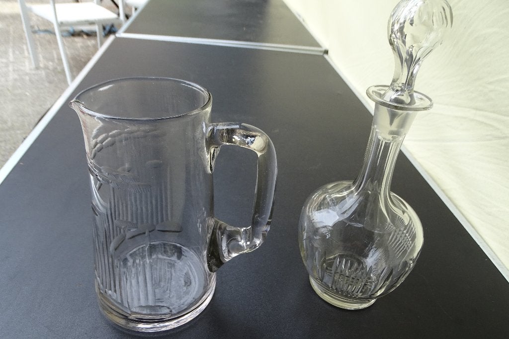 Karaf en sapkan, bewerkt glas, Ophalen of Verzenden