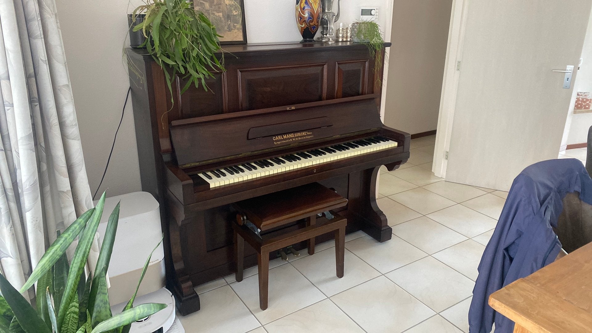 Antieke Carl Mand piano incl verstelbare kruk, Muziek en Instrumenten, Ophalen, Gebruikt, Bruin, Piano