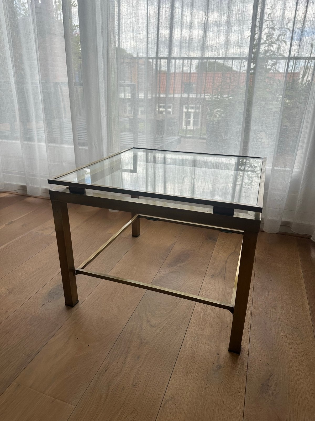 Vintage Koffietafel met Glazen Blad en Gouden Frame, Huis en Inrichting, Tafels | Salontafels, Ophalen, Gebruikt, 50 tot 100 cm