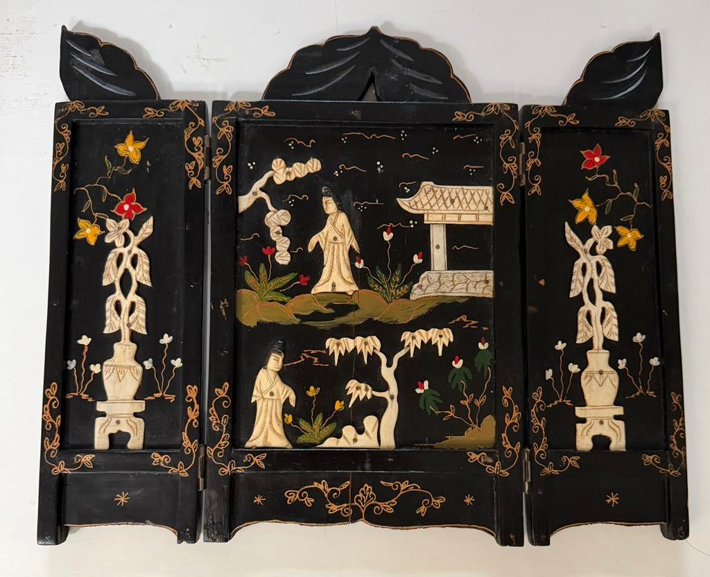 Antique black lacquered wall panels, geisha art  38x30., Ophalen of Verzenden